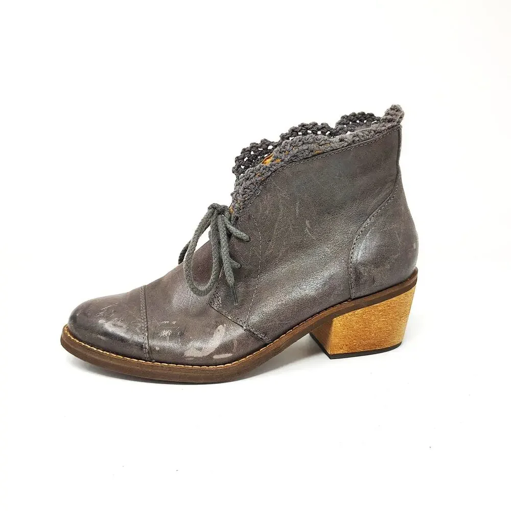 Latigo Womens 8 Ankle Boots Kat Leather Gray Lace Up Ruffle Boho Western Witchy